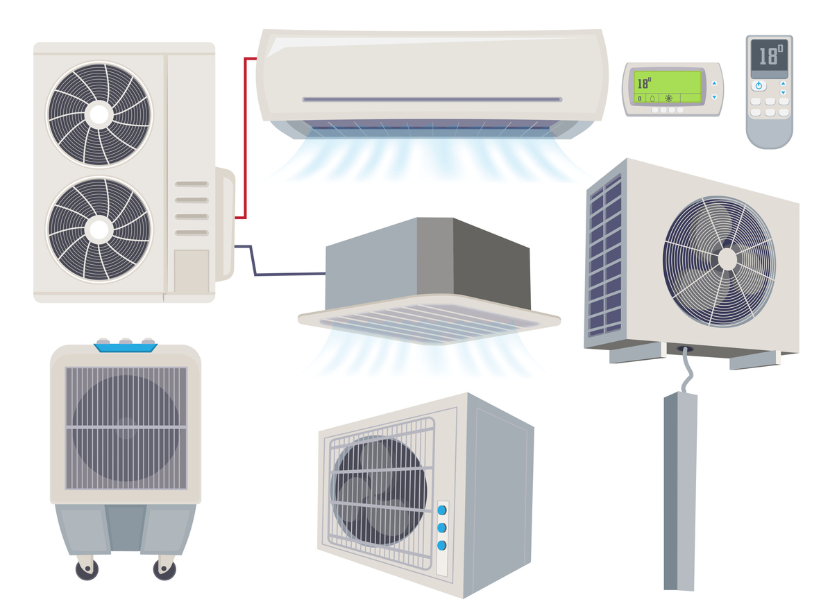 Illustration of types of air conditioners, including central, ductless mini split, window, portable, and ceiling units.