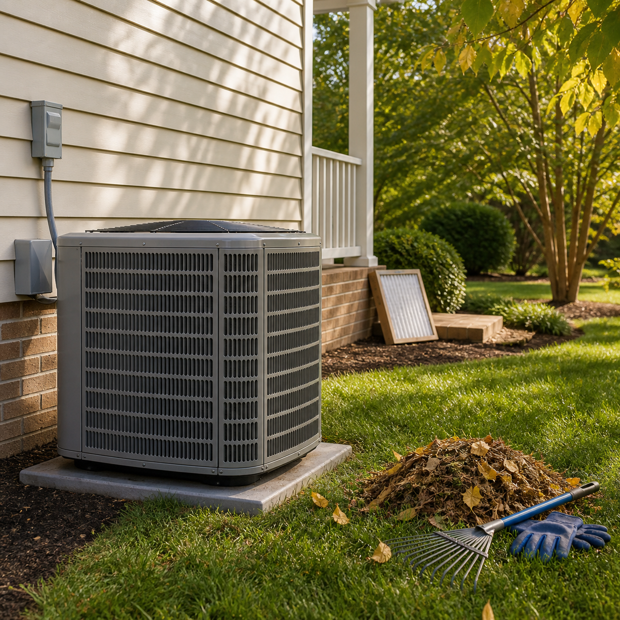 ac unit with leaves around it