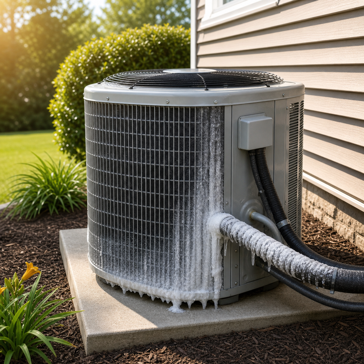 Frozen outdoor air conditioning unit with text about what causes an AC to freeze up.