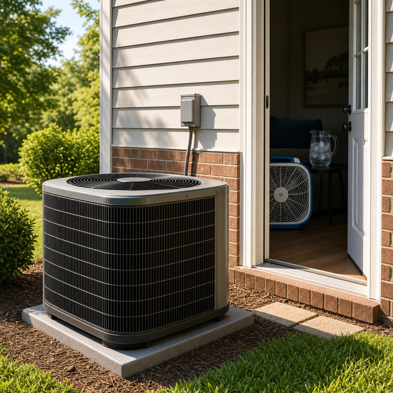 Outdoor AC condenser beside a Maryland home on a hot summer day, with a portable fan and ice water visible through the open doorway.